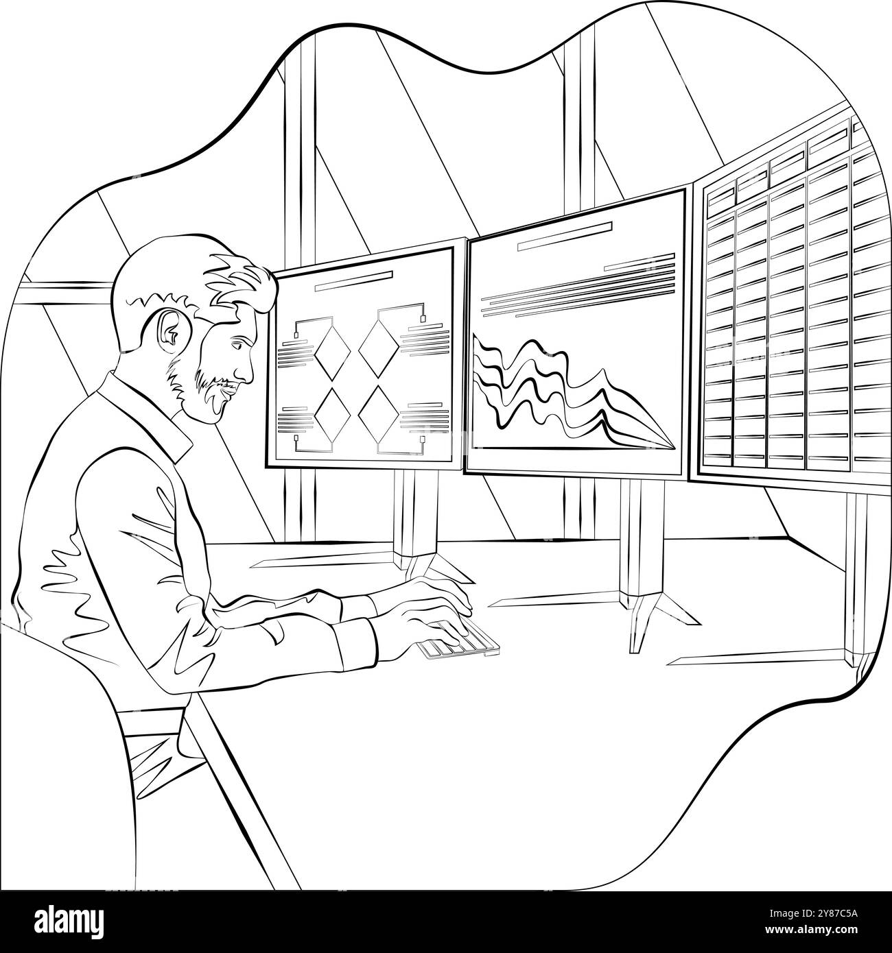 Un uomo sta studiando i rapporti per identificare e comprendere i problemi nel processo decisionale. Concetto di business. Schizzo. Illustrazione vettoriale. Illustrazione Vettoriale