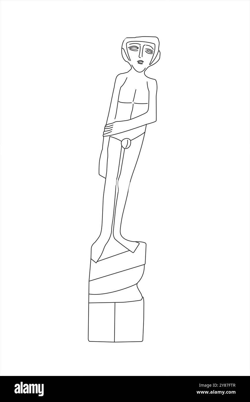 Illustrazione in linea della statua Young Man di Gerhard Marcks in bianco e nero. Illustrazione Vettoriale