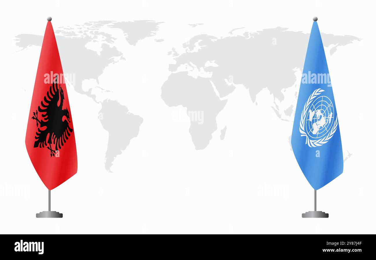 Albania e Nazioni Unite bandiere per riunione ufficiale sullo sfondo della mappa mondiale. Illustrazione Vettoriale
