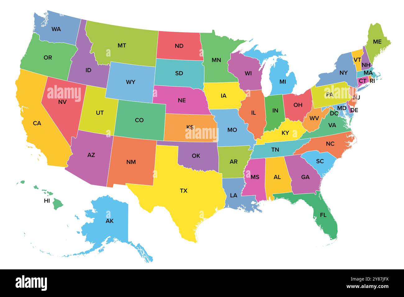 Gli Stati Uniti d'America, mappa politica multicolore con le sagome di 50 stati e abbreviazioni postali, e con District of Columbia. Foto Stock