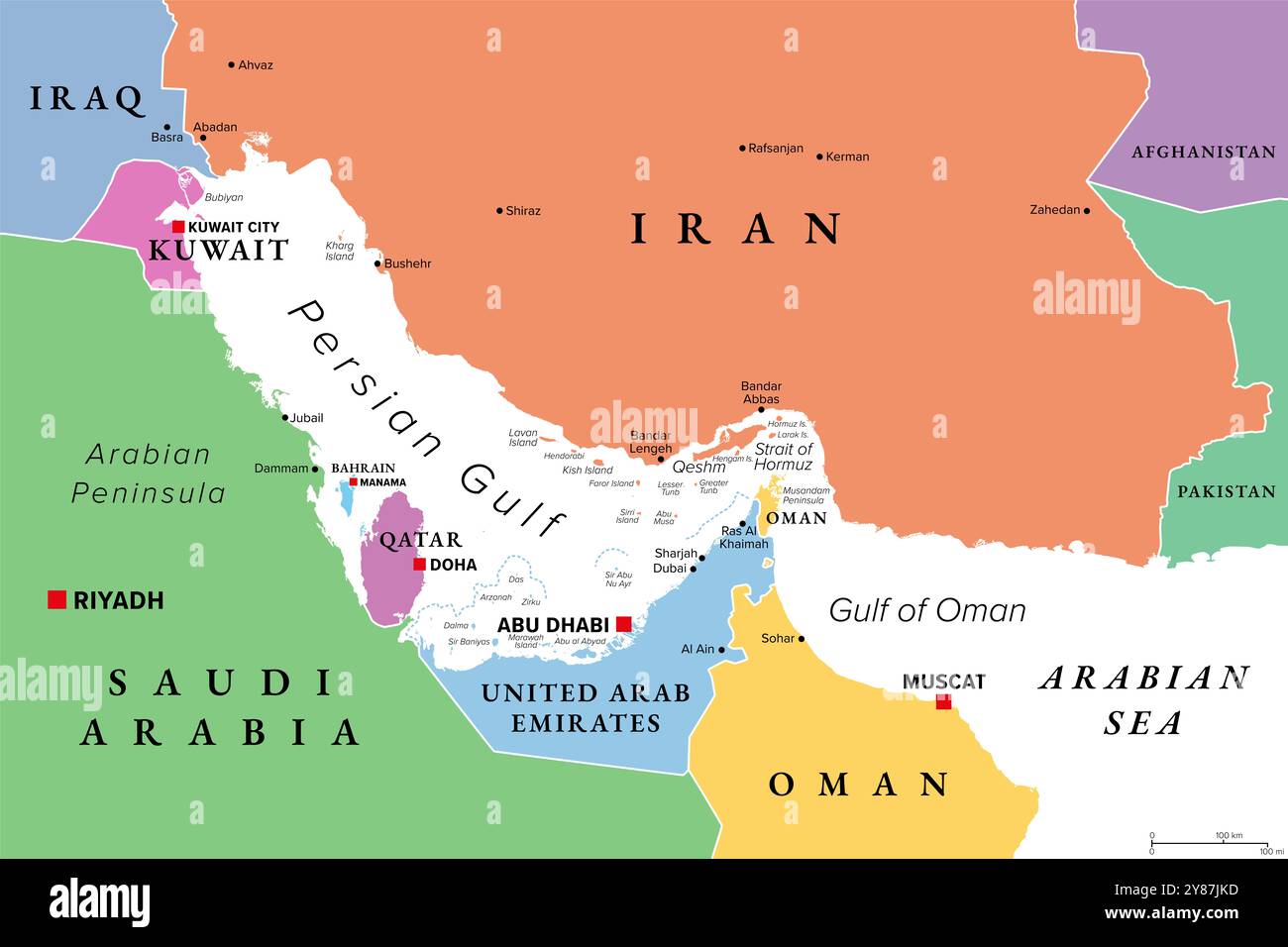 Regione del Golfo Persico, mappa politica multicolore. Golfo Arabico, un mare dell'Asia occidentale, situato tra l'Iran e la Penisola Araba. Foto Stock