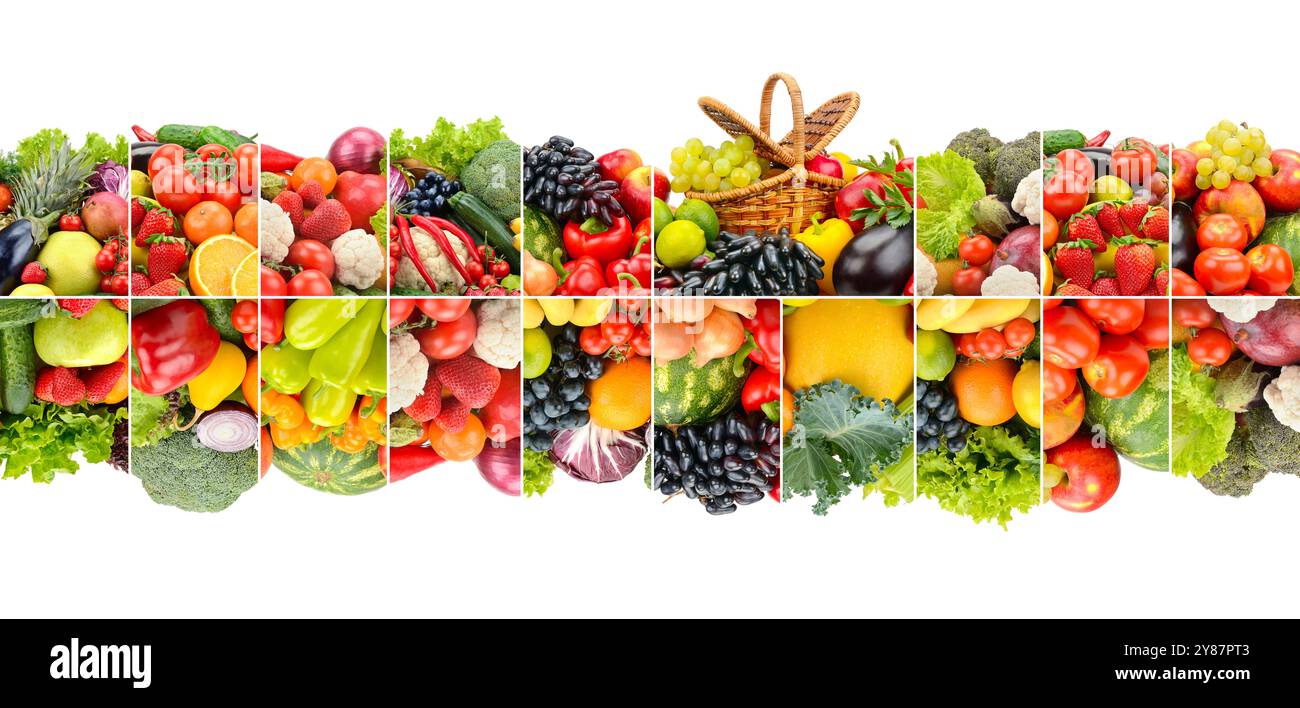 Ortaggi, frutta e frutti di bosco separati da linee verticali isolate su fondo bianco. Foto Stock