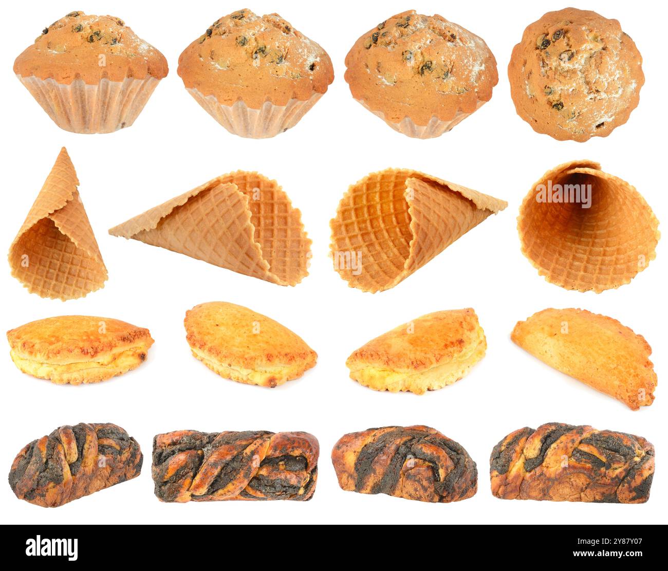 Raccolta di prodotti di pane dolce isolati su sfondo bianco. Foto Stock