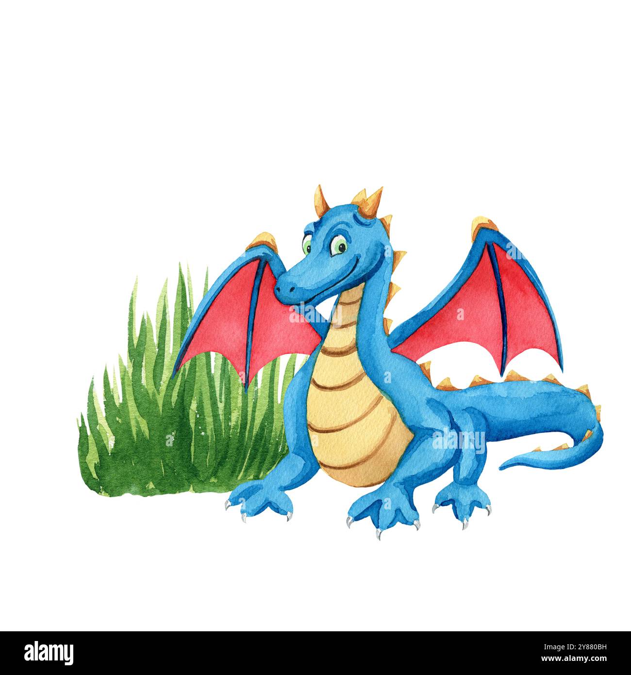 Drago blu con ali rosse ed erba. Illustrazione acquerello su sfondo bianco. Per il design dei bambini, l'arredamento, i biglietti di auguri di compleanno, i poster dei bambini, p Foto Stock