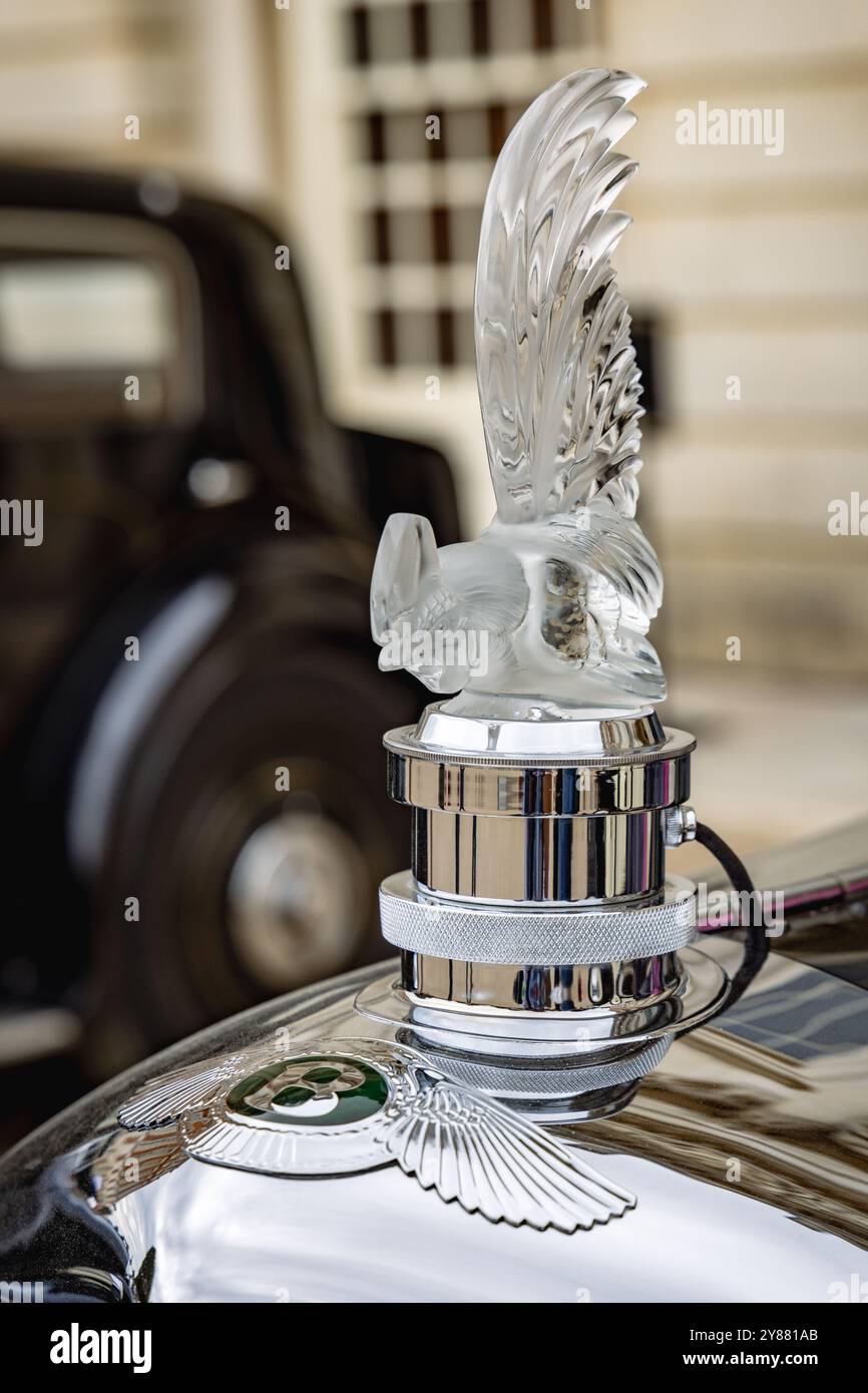 Emblema del cofano/mascotte per auto su Bentley Speed Six Sports Coupé 1930 di HJ Mulliner. Concours of Elegance 2024, Hampton Court Palace, Londra, Regno Unito Foto Stock