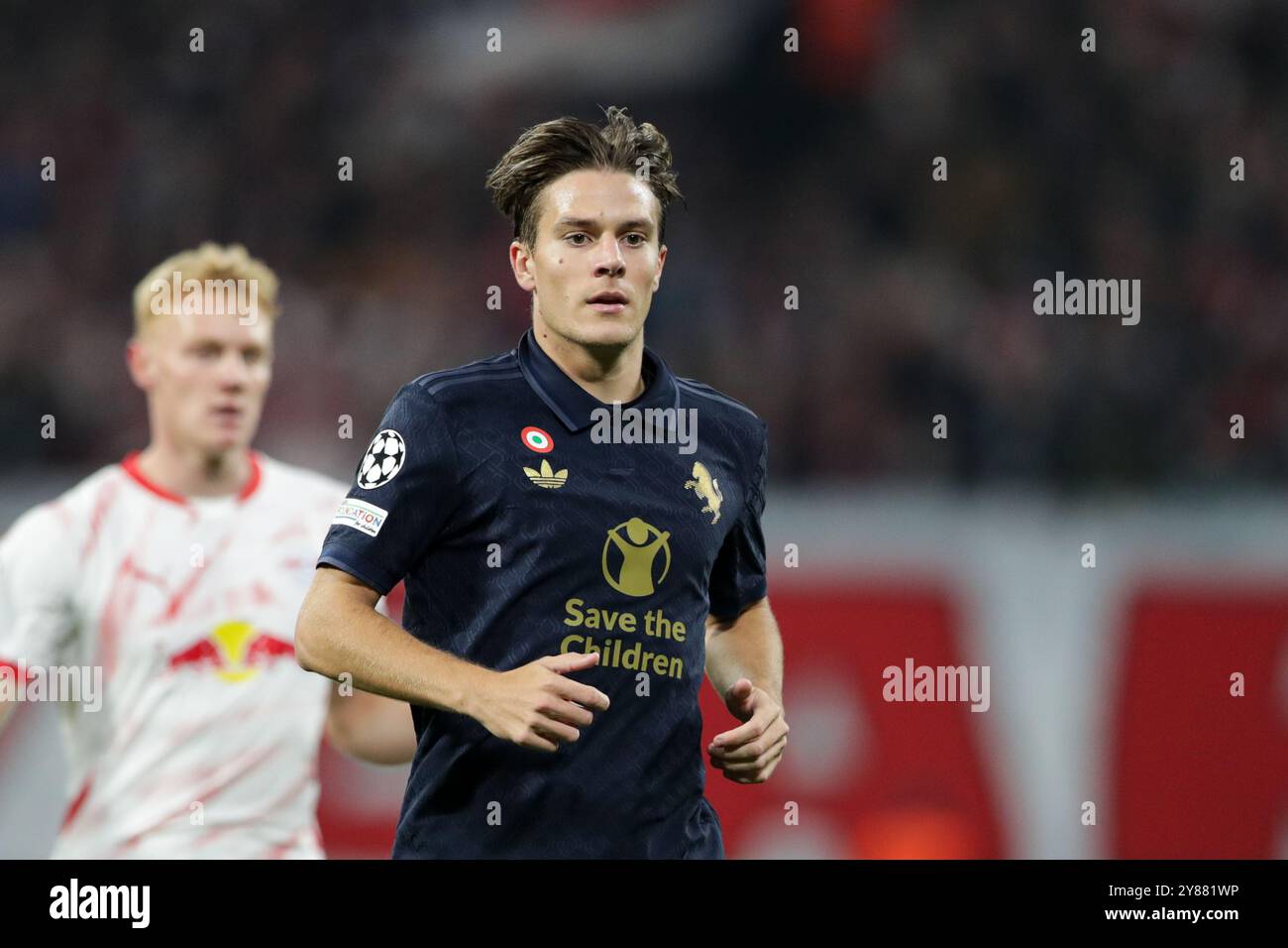 Nicolo fagioli della Juventus visto in azione durante la partita di UEFA Champions League tra RB Lipsia e Juventus alla Red Bull Arena. Punteggio finale; RB Leipzig 2 : 3 Juventus. Foto Stock