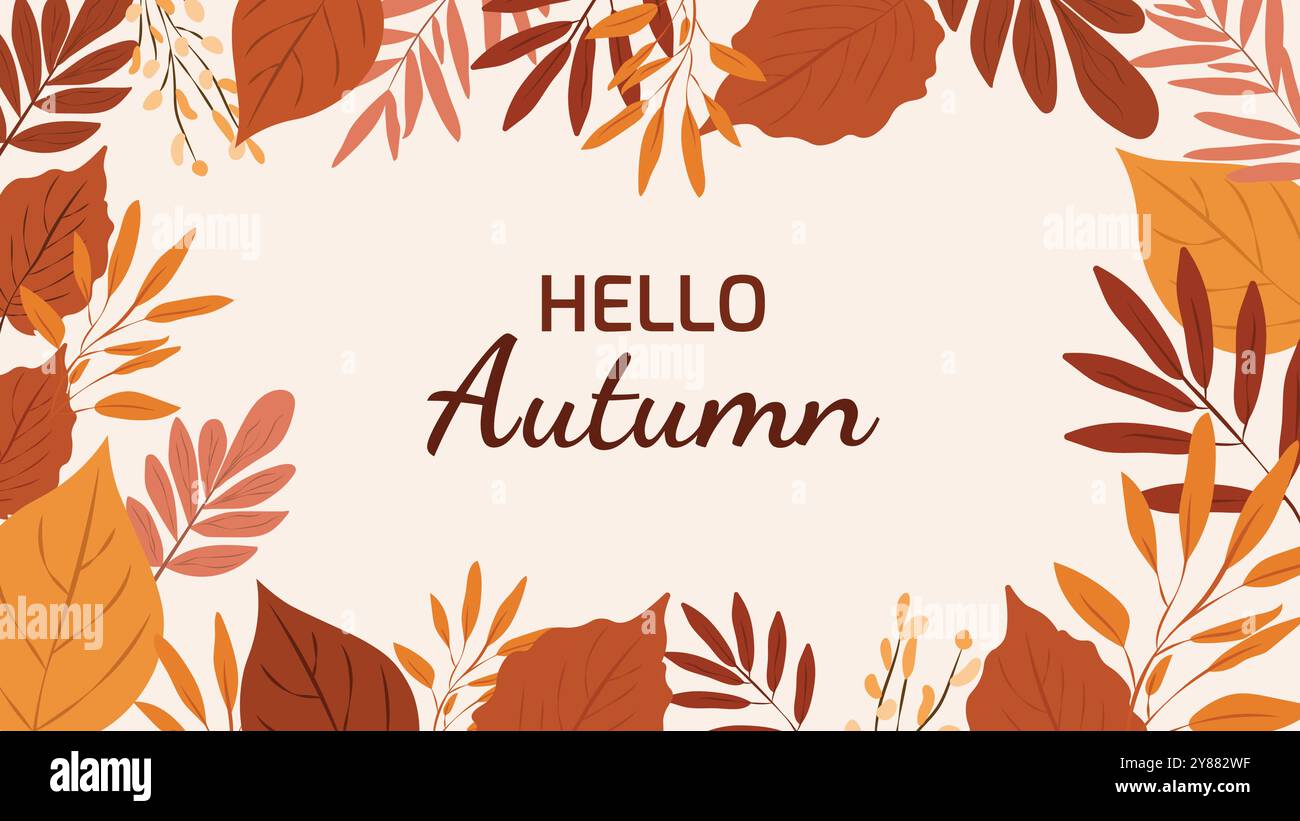 Ciao Autunno. Sfondo orizzontale autunnale con foglie di forme diverse e spazio di copia Illustrazione Vettoriale