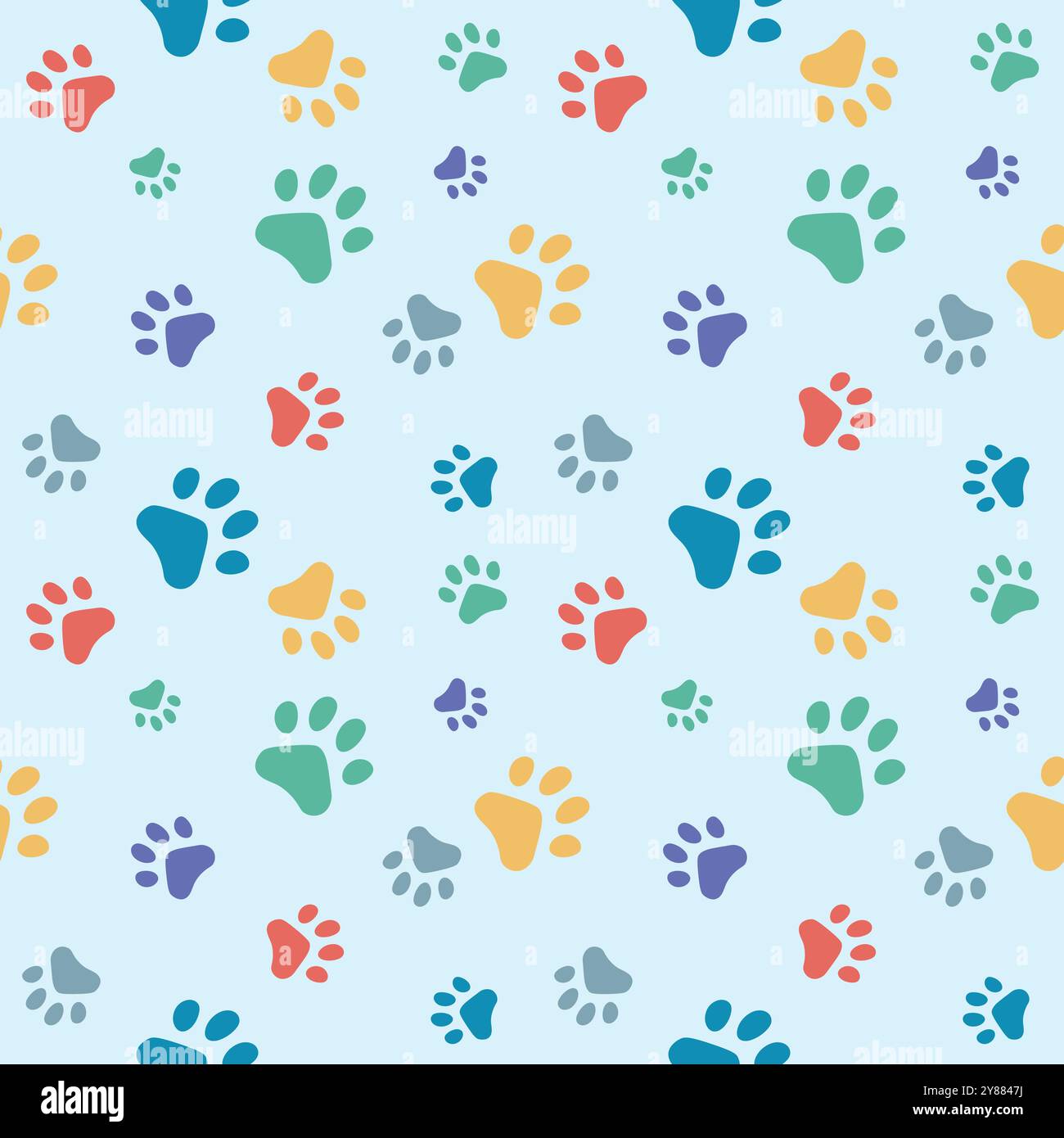 Motivo senza cuciture con stampe Cat PAW. Modello senza fine con zampa. Zampe multicolore su sfondo blu. Modello per tessuti, carta da imballaggio, ecc. Illustrazione Vettoriale