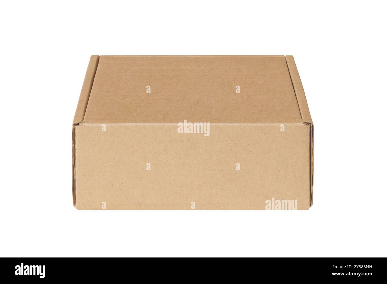 Scatola di cartone marrone semplice con alette adatta per il confezionamento, la spedizione o lo stoccaggio, isolata su sfondo bianco per vari scopi di presentazione. Foto Stock