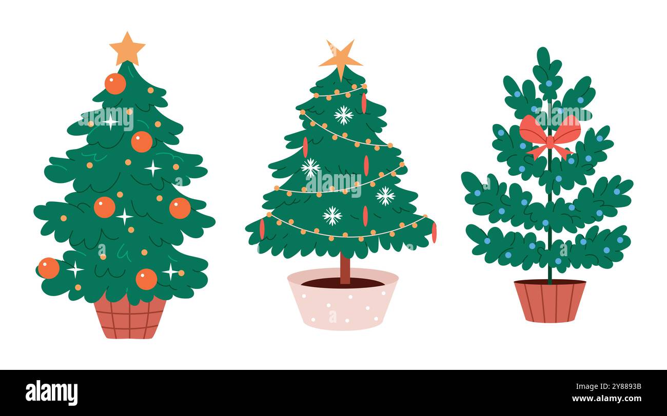 Set di alberi di Natale. Disegno a mano dello sfondo invernale con abete, ornamenti natalizi, stelle e fiocchi di neve. Illustrazione Vettoriale