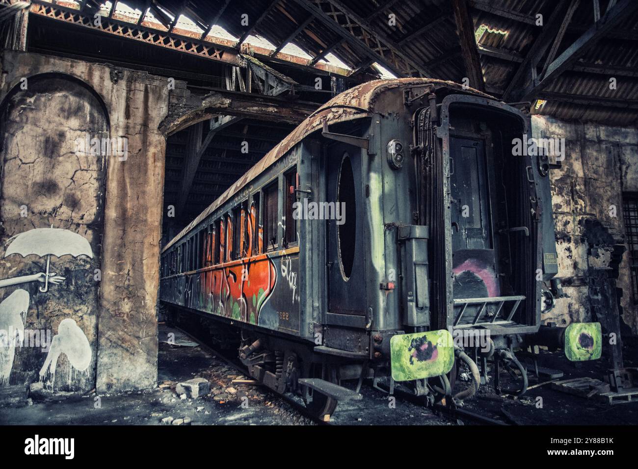 La stazione ferroviaria abbandonata di Canfranc, Spagna. Foto Stock