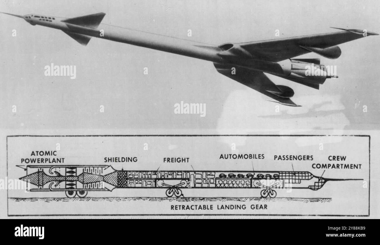 Aereo russo del futuro -- la concezione di questo artista è stata pubblicata oggi dalla rivista americana di aviazione che lo ha definito un'illustrazione di un possibile aereo atomico russo del futuro. Il disegno, secondo la rivista, è simile a quello apparso sulla stampa tecnica sovietica come illustrazione per un articolo del prof. G.I. Pokrovski. Il professore russo ha spiegato che la centrale elettrica deve essere il più lontano possibile per garantire ai passeggeri la massima protezione dalle radiazioni. Da qui la lunga fusoliera ad ago. Il propulsore atomico sarebbe completamente staccabile dalla cellula e W Foto Stock