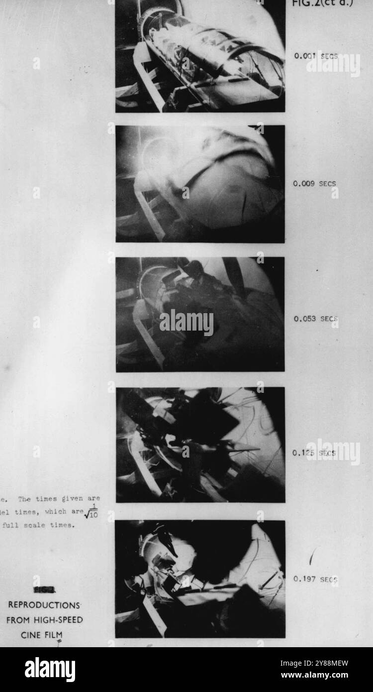 Come si è sciolta la Cometa Elba -- queste foto scattate a millesimi di secondo mostrano cosa è successo ad un decimo modello in scala della cabina pressurizzata di un aereo di linea a reazione cometa sottoposto durante i test presso la Royal Aircraft Establishment, Farnborough, Hampshire, a ***** otto sterline e un quarto di sterline oltre **** l'aria esterna. Il ***** I Farnborough sono stati curati ***** cercare di scoprire la causa di ***** Incidente aereo al largo dell'Elba prima **** Loro ***** l'incidente è stato causato da ***** che porta ad una frattura nel ***** intorno alla cabina pressurizzata. Questa striscia fornisce la vista dall'avanti verso l'indietro. Il Foto Stock
