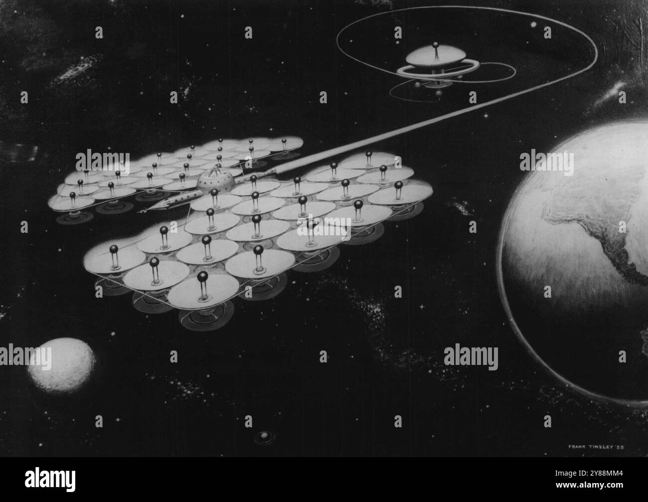 Cavalcare su Una Sunbeam -- Una nave spaziale alimentata dal sole sarà necessaria per il viaggio interplanetario del futuro, crede un ex scienziato tedesco dei razzi. Il dottor Ernst Stuhlinger, ora capo della sezione missilistica dell'arsenale di ricerca Redstone in Alabama, teorizza che il combustibile chimico non possa essere usato nei viaggi verso i confini dello spazio a causa del suo grande peso. Immagina una nave spaziale alimentata a energia solare, con riflettori (dischi bianchi) che trasmettono i raggi del sole sulle caldaie a vapore (palle nere). La potenza del propellente sarebbe costituita da un flusso ionico o da un getto elettrico con lo stesso tipo di spinta di t Foto Stock