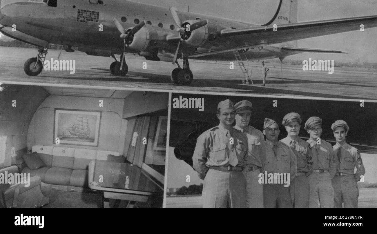 L'aereo presidenziale. L'aereo presidenziale (in alto) che ha portato Pres. Roosevelt a Yalta e più recentemente ha portato la signora Martha Truman a Washington per la festa della mamma è un Douglas C-54 Skymaster **** . L'aereo trasporta 15 persone **** fino a 5.000 miglia al giorno. La cabina privata (in basso a sinistra) misura sette e mezzo per 12 piedi, si sederà, ha mappe a scomparsa sulla parete e ha quattro strumenti: Velocità dell'aria, altimetro, bussola e orologio. Membri dell'equipaggio L to R. tenente colonnello Henry T. Myers, pilota, capitano E.F. Smith co-pilota, maggiore T. J. Boselli, M/Sgt F. J. Willard, M/Sgt C.A. Horton, T. Sgt. R. W. Foto Stock