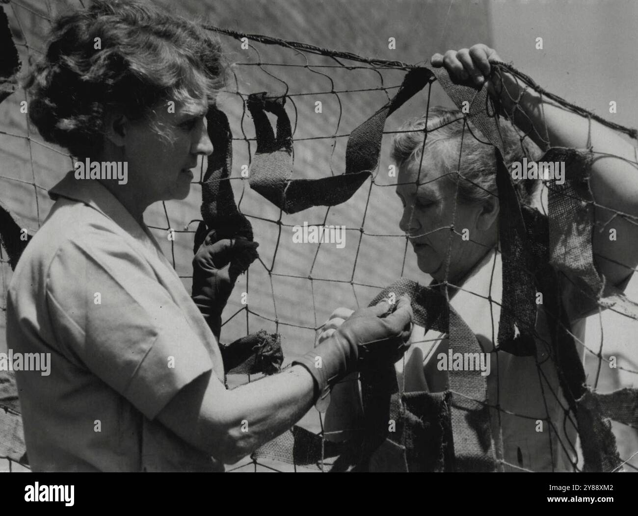A sinistra - Sig.ra H. J. Wilcock; Sig.ra Fairfax Ross la National Defence League ha assunto un altro compito urgente, quello di "scrivere" reti mimetiche. In un nuovo centro a Redfern, 38 volontari sono necessari ogni giorno per aiutare con questo lavoro. La signora H. J. Wilcock, che è responsabile del centro, ha detto: "Questo è uno sforzo diretto di guerra, poiché il nostro lavoro va dritto in prima linea." Qui viene mostrata l'assistenza della signora Fairfax Ross per completare una rete. Entrambe le donne hanno tutti i membri della loro famiglia nei servizi. Ai volontari viene chiesto di chiamare MX2982 o B4898. 9 marzo 1943. Foto Stock