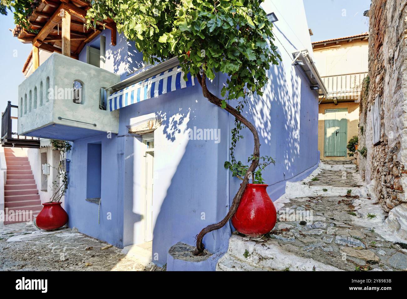 Pittoresco vicolo nella vecchia Chora dell'isola di Alonissos, Grecia, Europa Foto Stock
