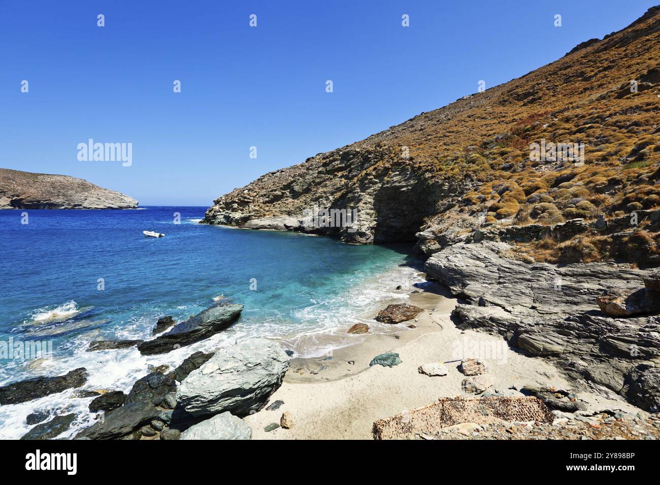 La spiaggia vergine di Achla ad Andros, Grecia, Europa Foto Stock