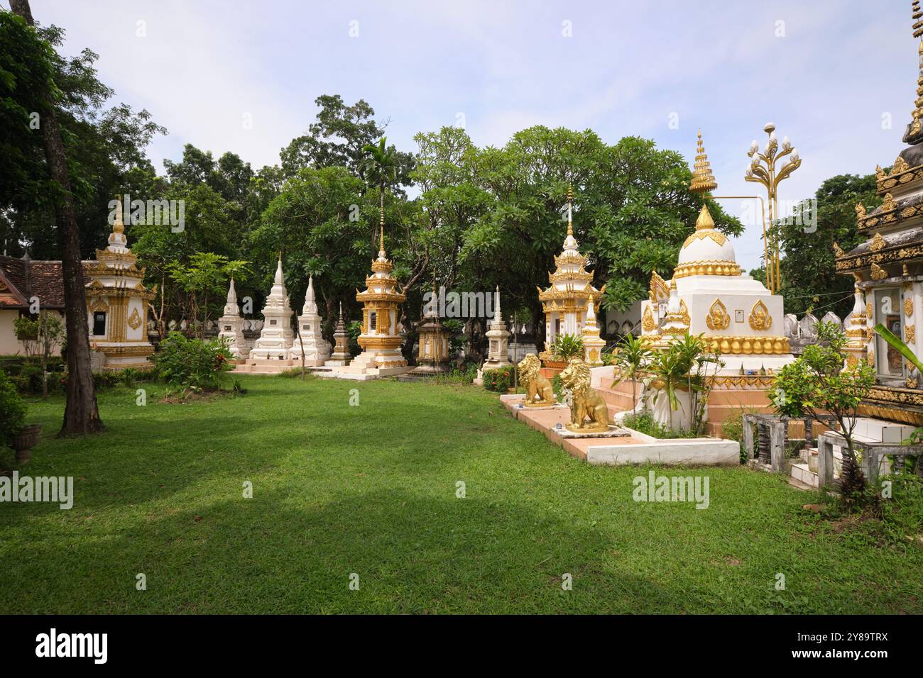 Prato verde con vari stupa bianchi e appuntiti. Al Wat Sisaket di Vientiane, Laos Foto Stock