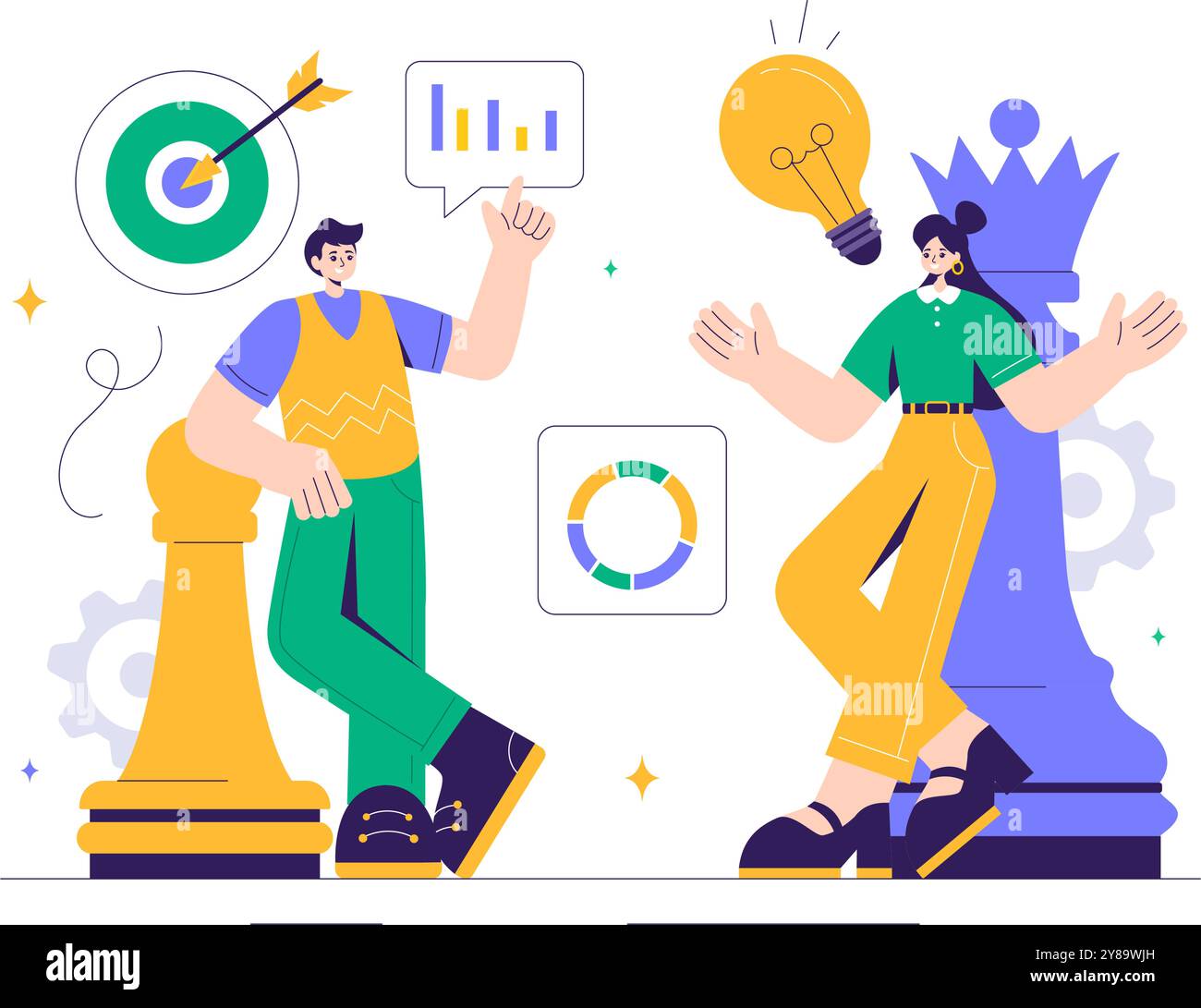 Illustrazione del gioco a scacchi con pezzi in bianco e nero che rappresentano le mosse strategiche del mercato e l'analisi competitiva per il successo in background Illustrazione Vettoriale