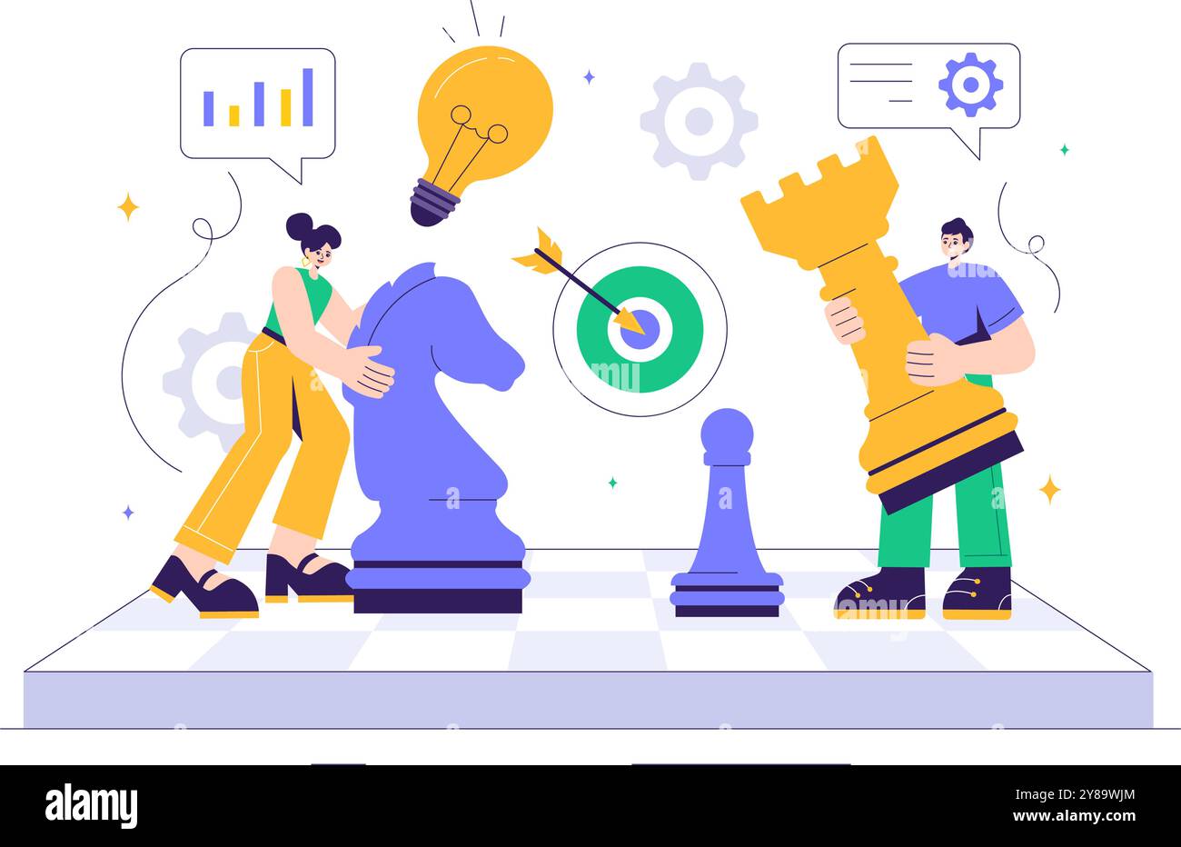 Illustrazione del gioco a scacchi con pezzi in bianco e nero che rappresentano le mosse strategiche del mercato e l'analisi competitiva per il successo in background Illustrazione Vettoriale