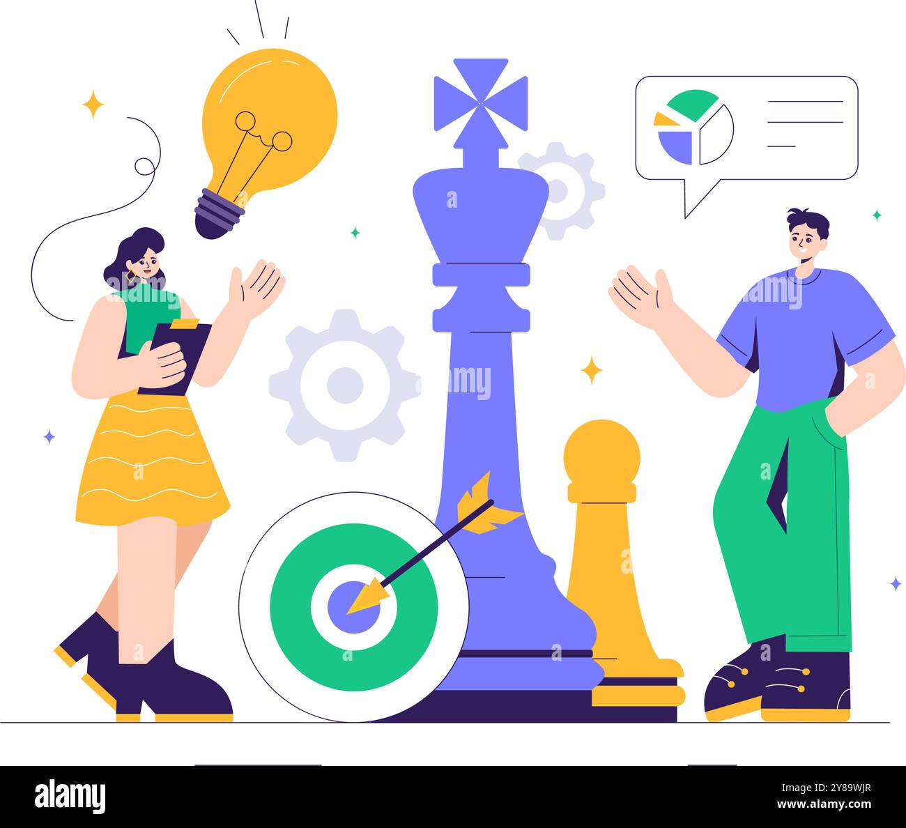 Illustrazione del gioco a scacchi con pezzi in bianco e nero che rappresentano le mosse strategiche del mercato e l'analisi competitiva per il successo in background Illustrazione Vettoriale