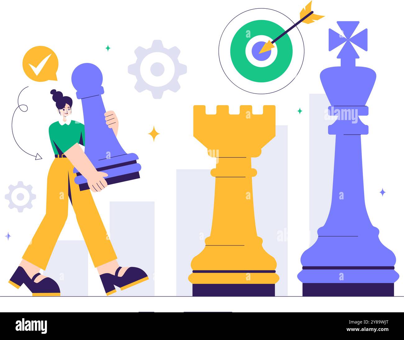 Illustrazione del gioco a scacchi con pezzi in bianco e nero che rappresentano le mosse strategiche del mercato e l'analisi competitiva per il successo in background Illustrazione Vettoriale