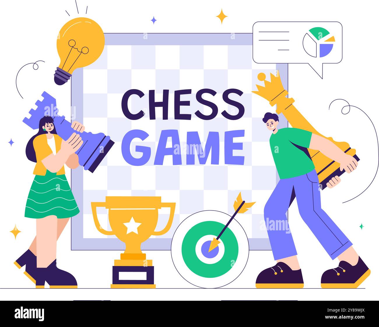 Illustrazione del gioco a scacchi con pezzi in bianco e nero che rappresentano le mosse strategiche del mercato e l'analisi competitiva per il successo in background Illustrazione Vettoriale