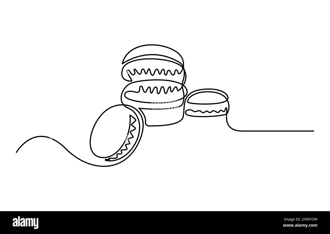 Biscotti al macaron con una linea continua. Design del menu del ristorante. Elementi decorativi disegnati su sfondo bianco, biscotti Macarons Illustrazione Vettoriale