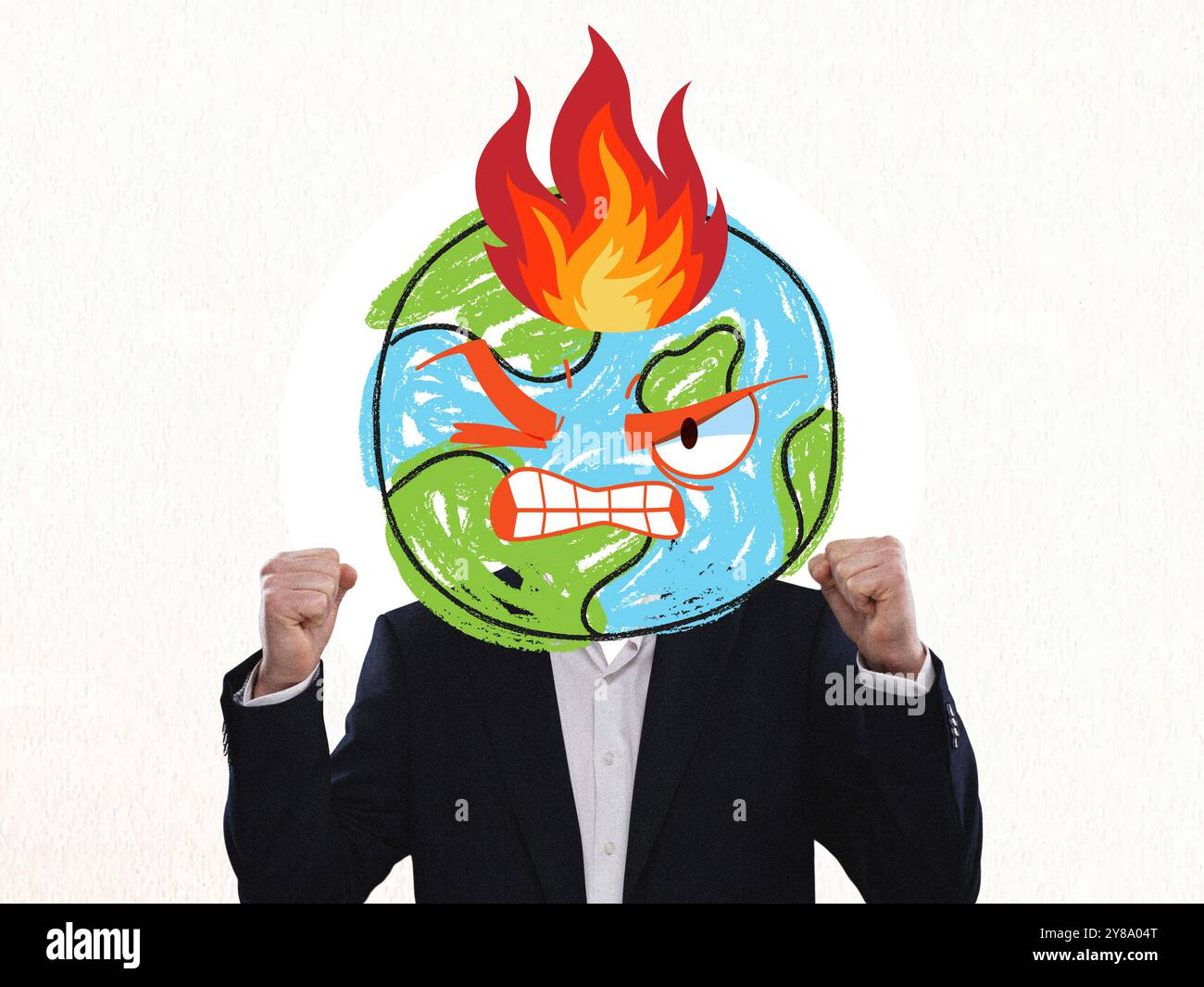 Un uomo d'affari che indossa un vestito con la testa di una terra, arrabbiato, con la testa calda, protezione dell'ambiente, collage d'arte Foto Stock