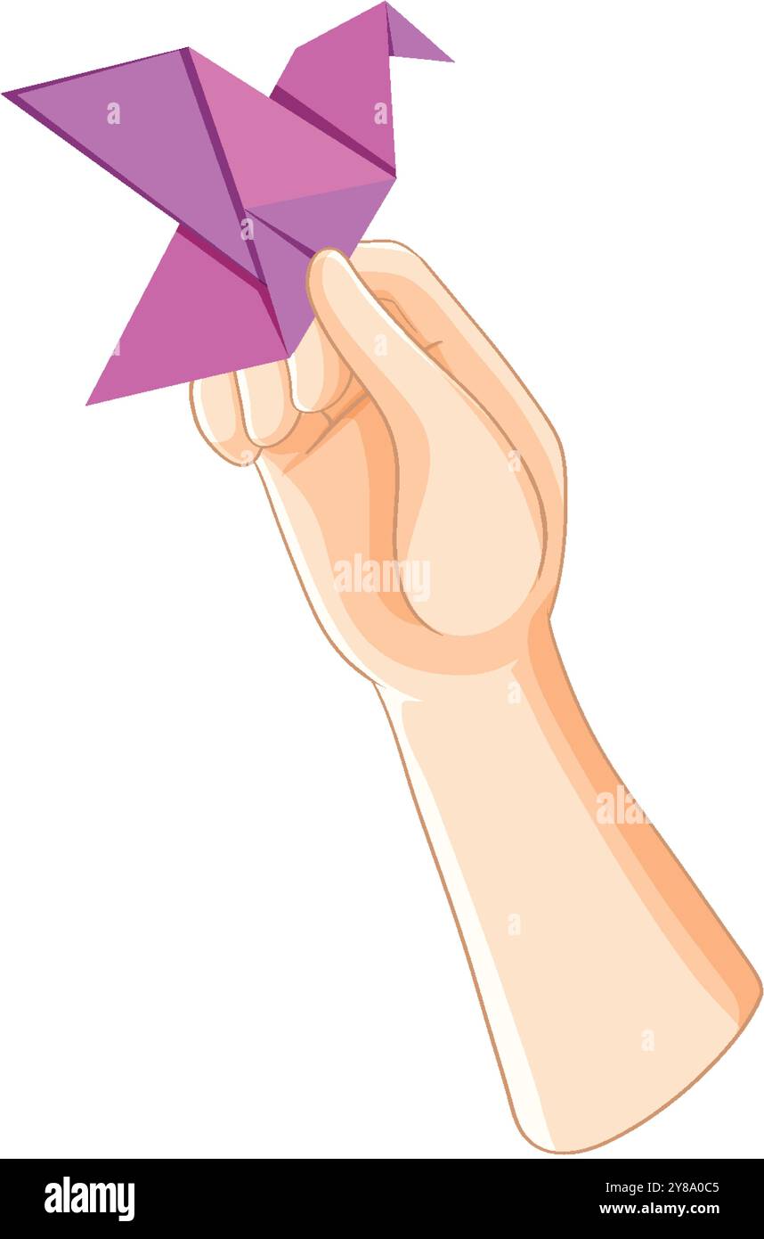 Una mano regge delicatamente un uccello origami viola Illustrazione Vettoriale