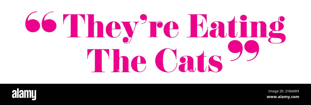 Insegna al neon con la frase luminosa "They Are Eating the Cats" in rosso e rosa su uno sfondo a parete in mattoni. Illustrazione Vettoriale