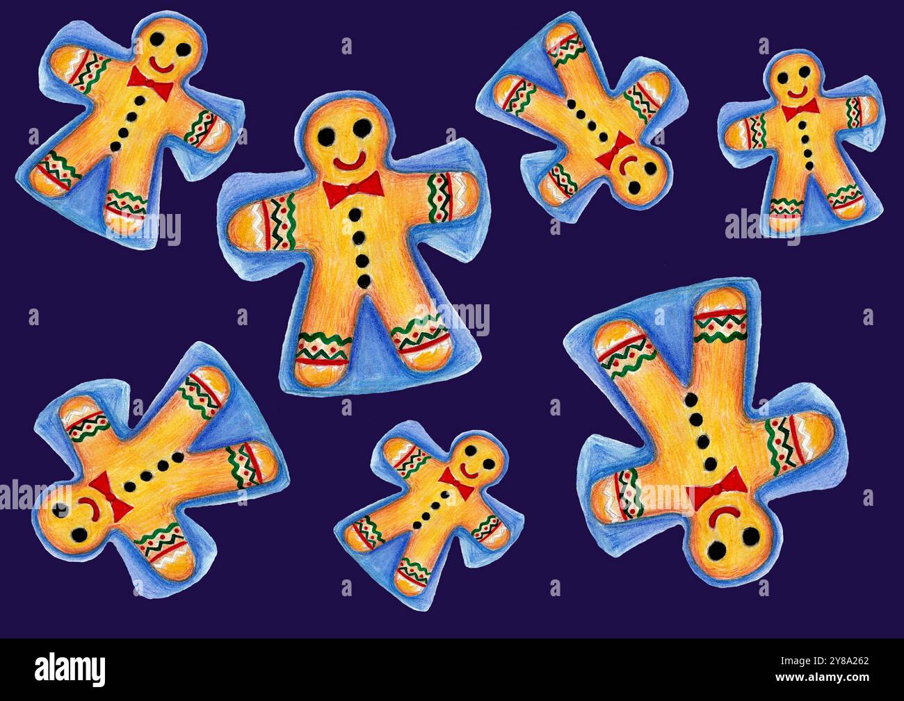 Set di uomini di pan di zenzero di diverse dimensioni collocati casualmente su sfondo blu reale. Disegnato con matite colorate. Intorno a ciascun elemento silhouette blu. G Foto Stock