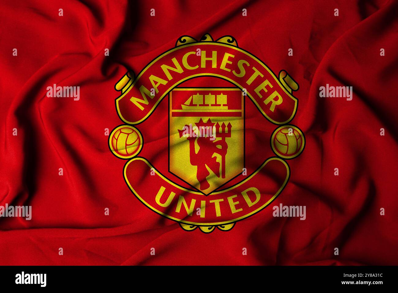 Pringsewu, Lampung; 5 ottobre 2024; squadra di calcio del Manchester united messa a fuoco selettiva logo texture sfondo, illustrazione 3D. Foto Stock