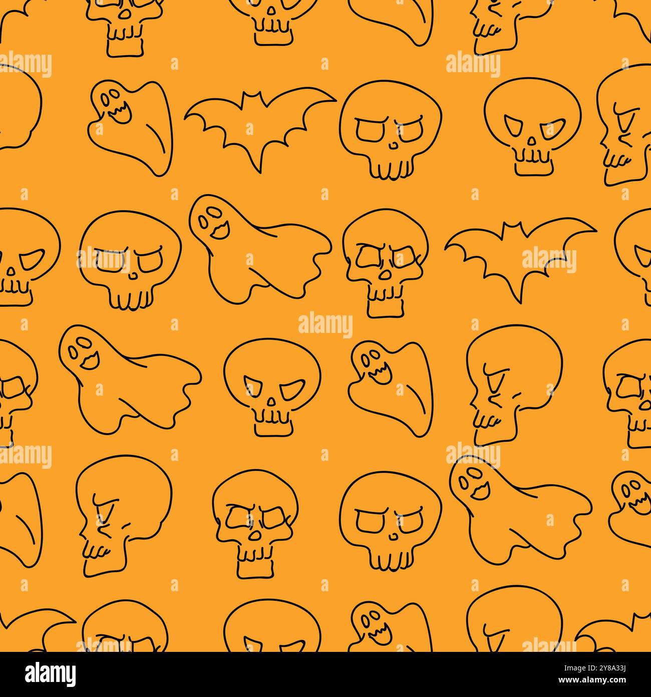 Disegna a mano per le feste di Halloween sfondo senza cuciture. Vettore di stile Pumpkin, Ghost, Bat, Skull Sketch Illustrazione Vettoriale