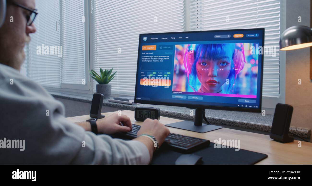 L'uomo adulto con le cuffie inserisce il testo nell'app chatbot di intelligenza artificiale su PC. Il generatore di immagini ai avanzato genera immagini dettagliate di alta qualità di una ragazza cyberpunk anime. Arte generativa futuristica. Foto Stock