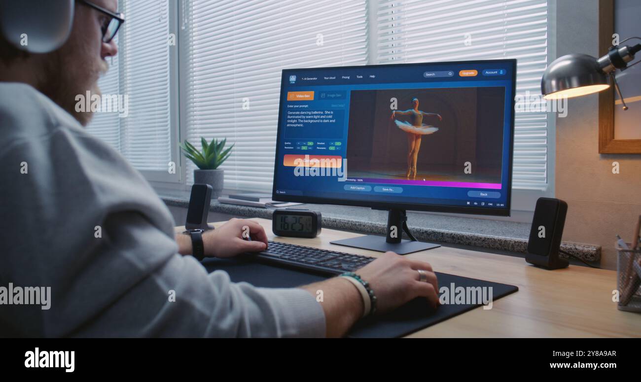L'uomo adulto con le cuffie entra in chat con intelligenza artificiale sul personal computer. L'applicazione generatore video IA genera video dettagliati di ballerina danzante. Creazione avanzata di video generati dall'intelligenza artificiale Foto Stock