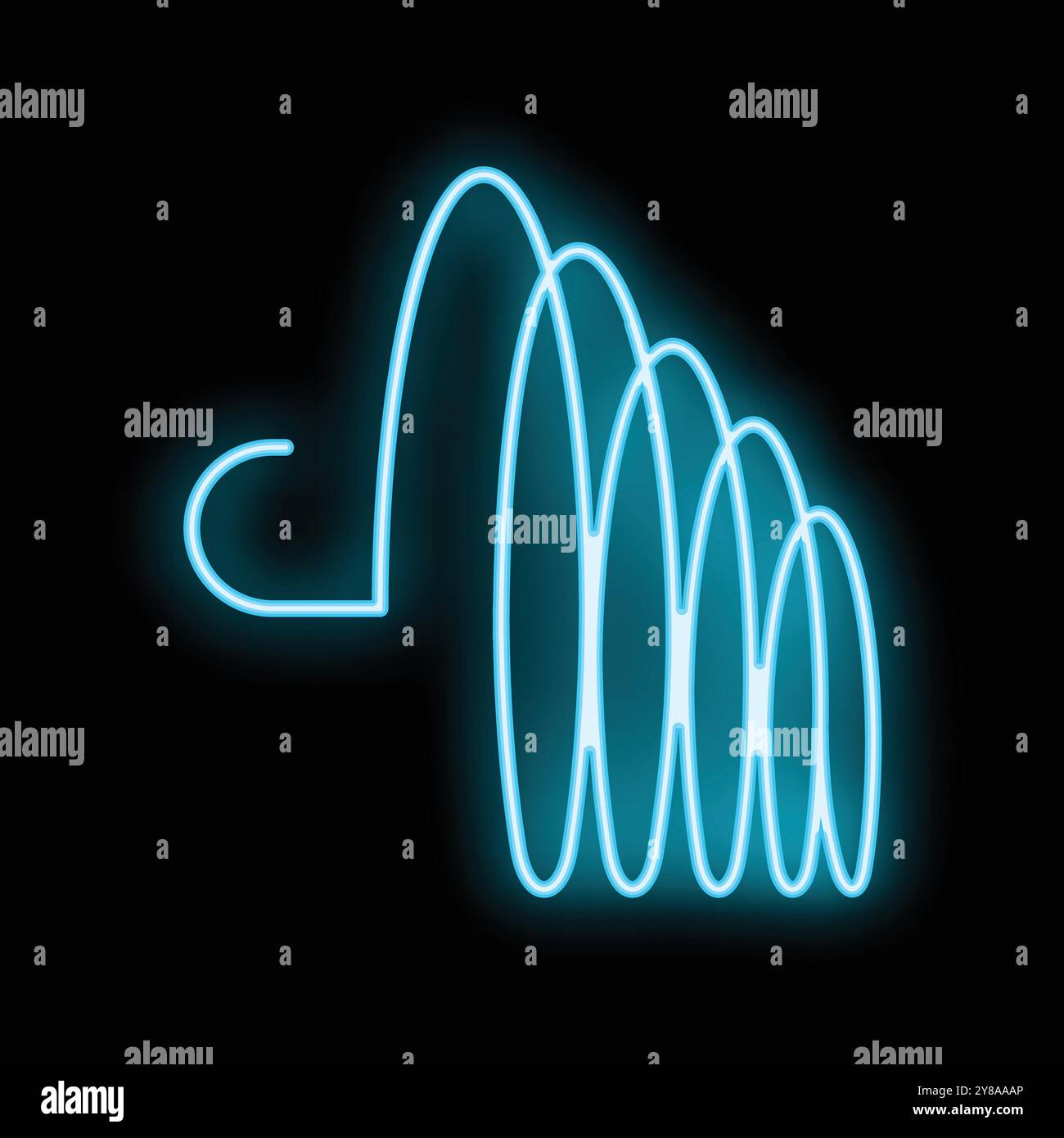 Insegna al neon blu brillante a forma di molla a spirale che si illumina su uno sfondo nero Illustrazione Vettoriale