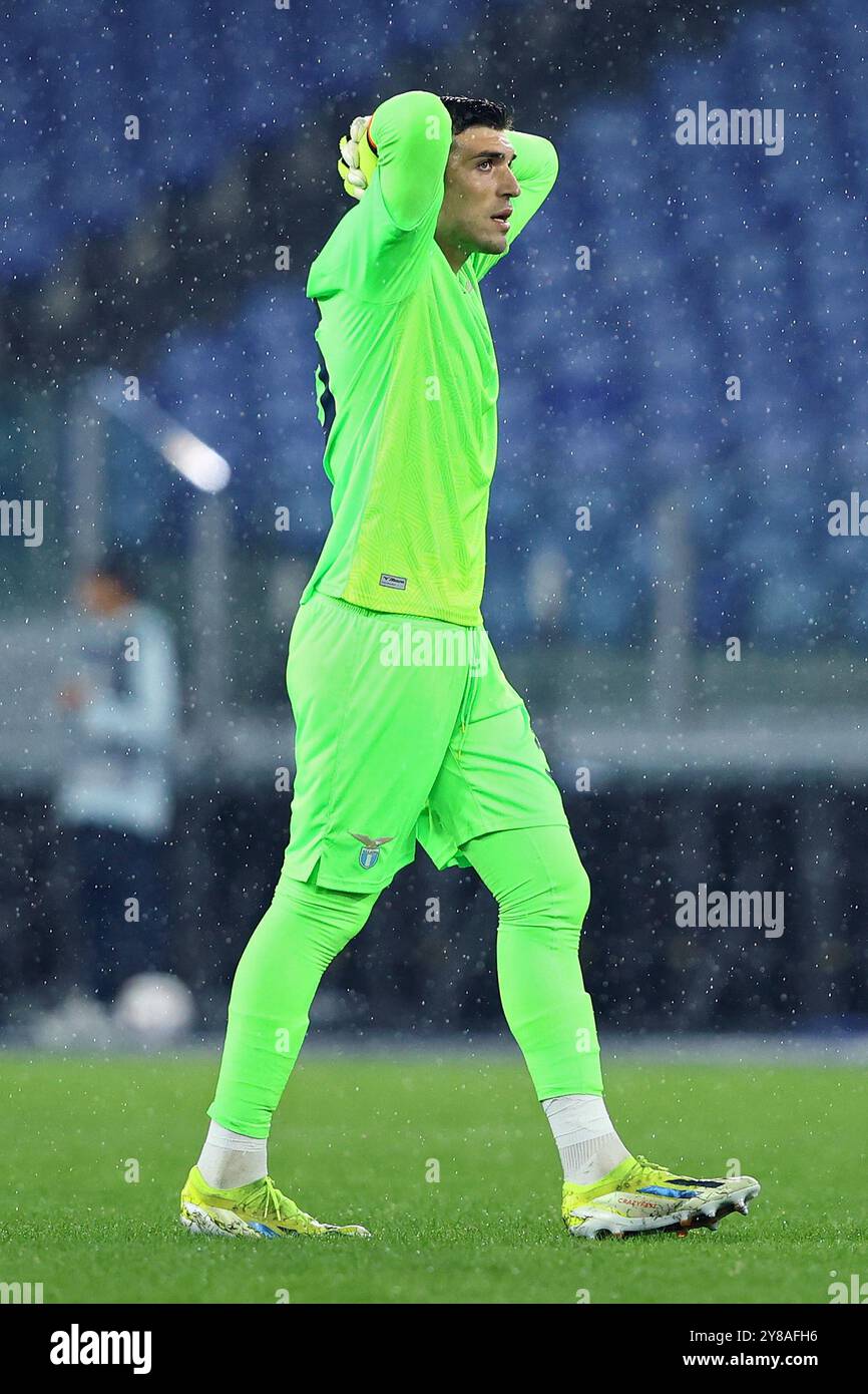 Roma, Italia. 3 ottobre 2024. Christos Mandas portiere della Lazio reagisce durante la fase UEFA Europa League, League, Matchday 2 match tra Foto Stock