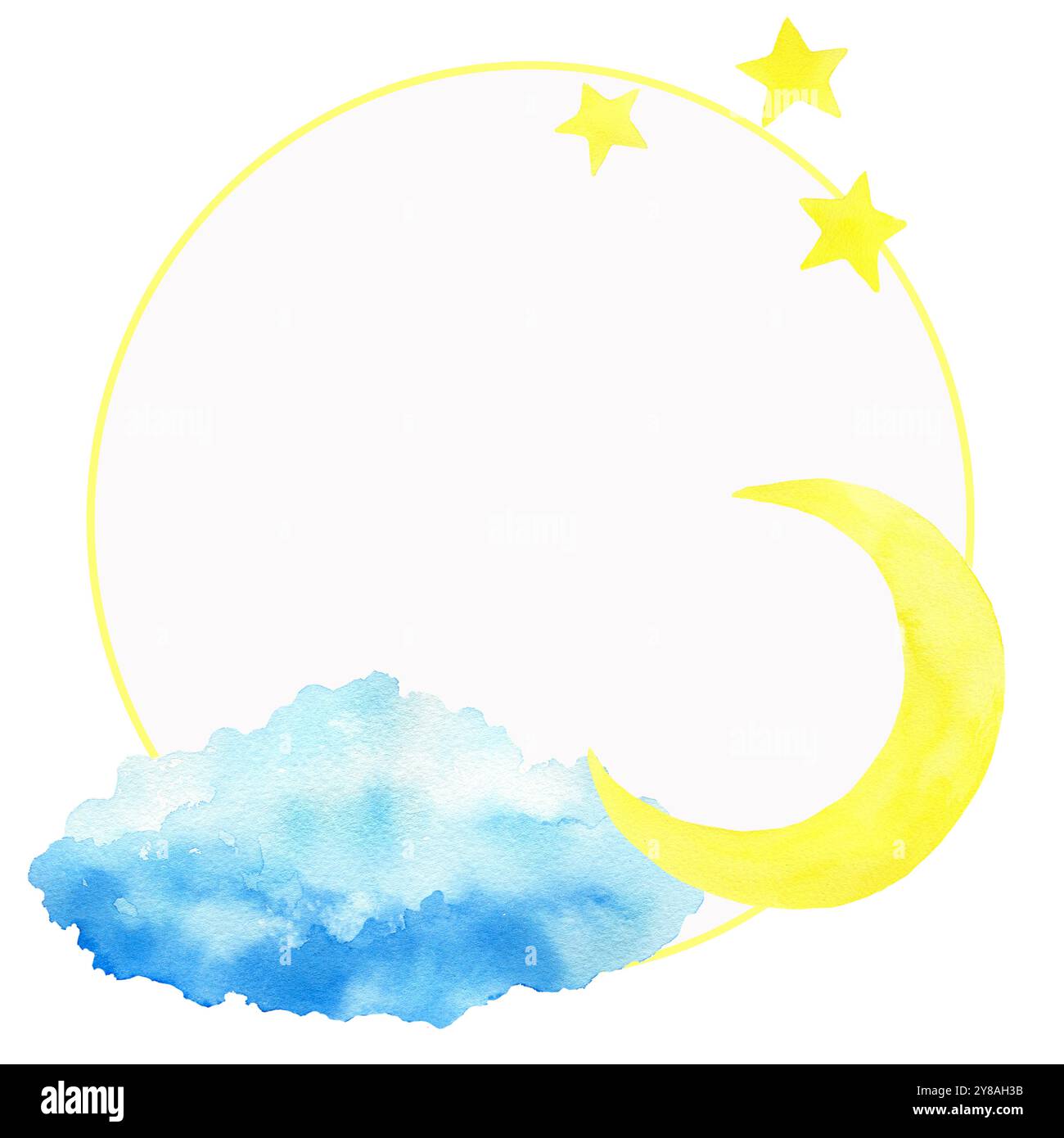 Tessera con cerchio, nuvola blu, mezzaluna gialla e stelle. Illustrazione ad acquerello dipinta a mano isolata su sfondo bianco. Per design, poster, CA Foto Stock