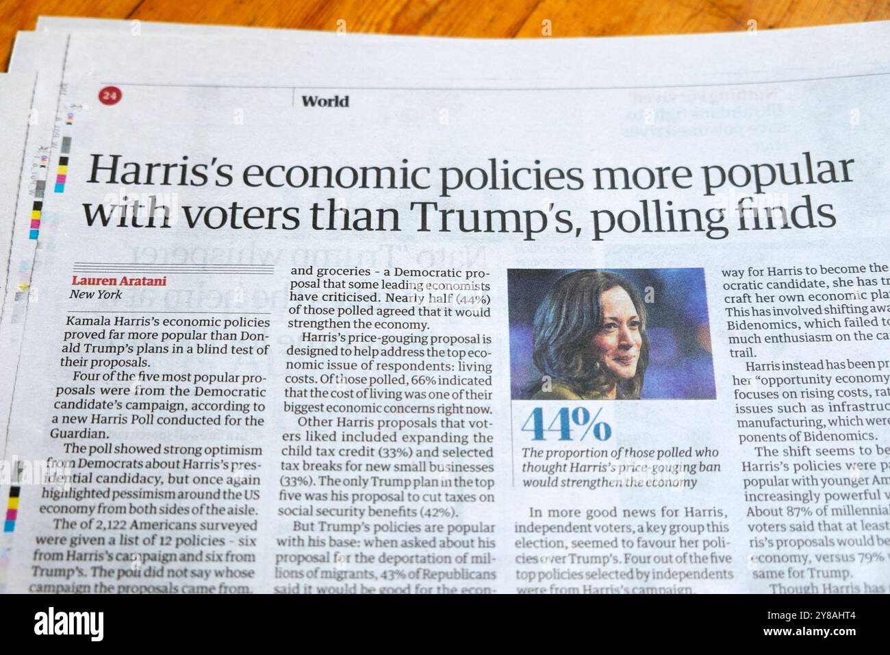 Kamala "le politiche economiche di Harris sono più popolari tra gli elettori rispetto a quelle di Trump, il giornale Guardian titola le elezioni americane del 1° ottobre 2024 Regno Unito Foto Stock