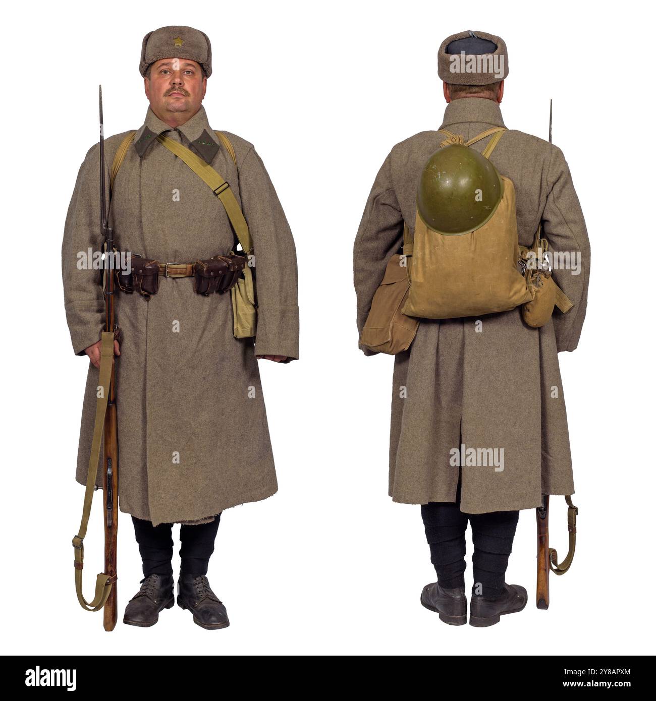 Caposquadra di una compagnia di fucili dell'Armata Rossa in uniformi invernali. Isolato su bianco Foto Stock