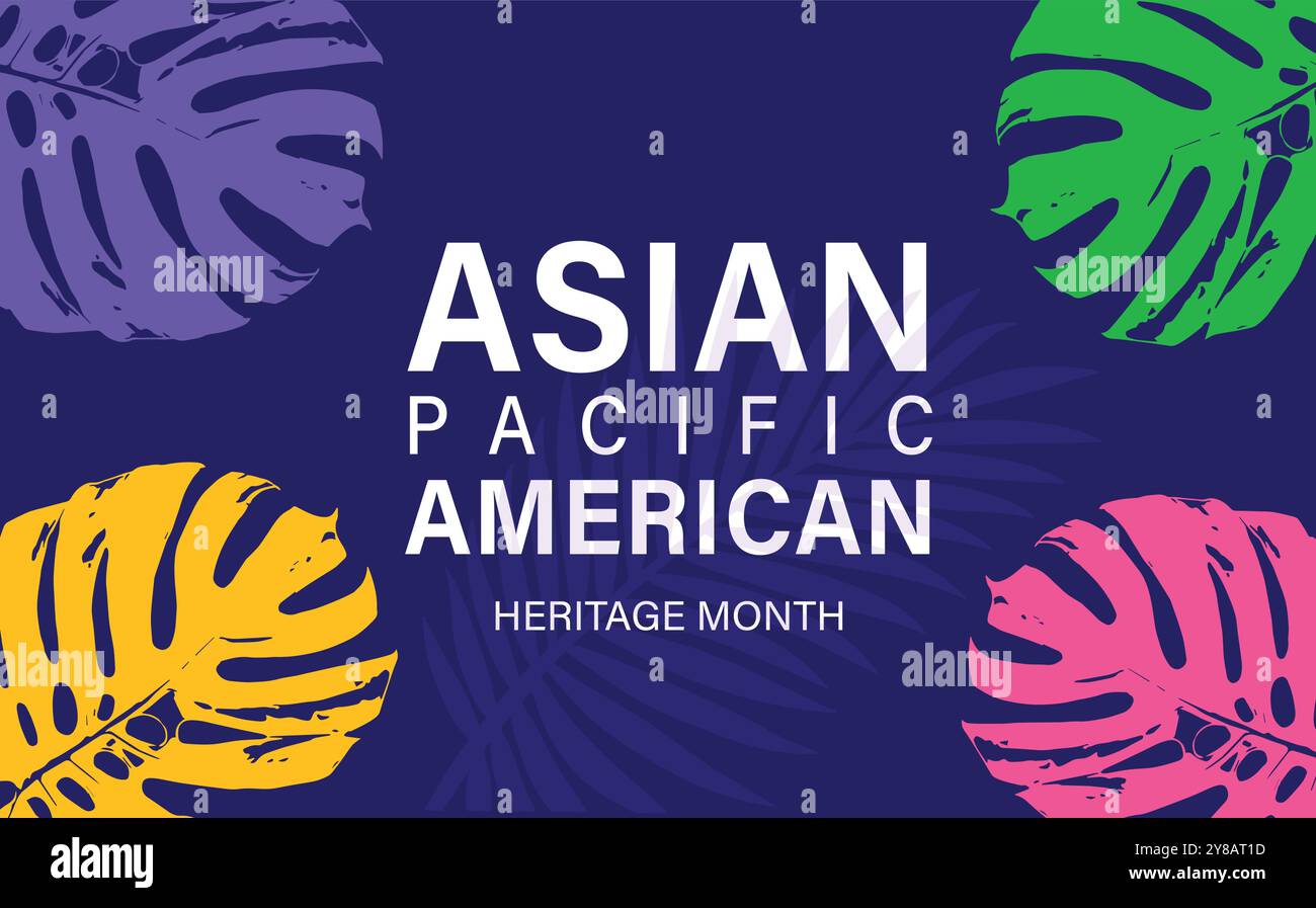 Mese della tradizione asiatica americana, hawaiana e delle isole del pacifico. Asian Pacific American Heritage Month su sfondo blu, design per banner vettoriali Illustrazione Vettoriale