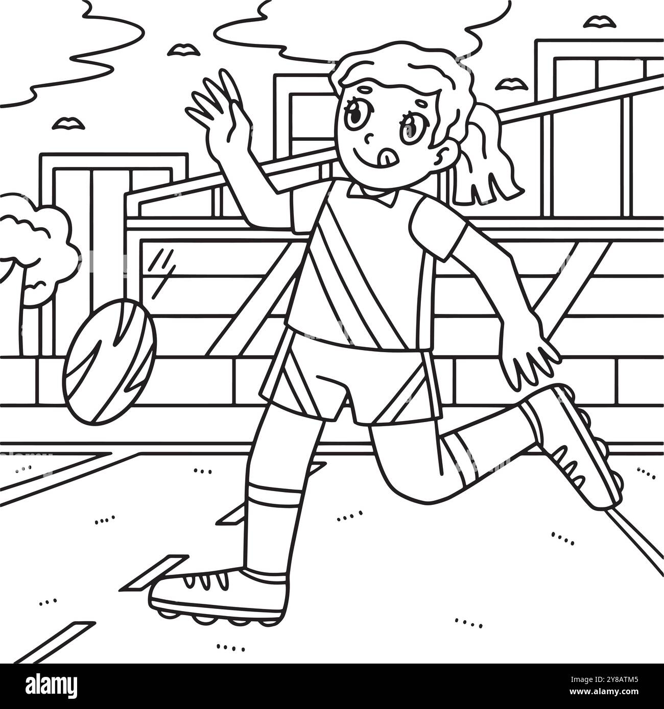 Rugby Female Player Doing a Short Punt Coloring Illustrazione Vettoriale