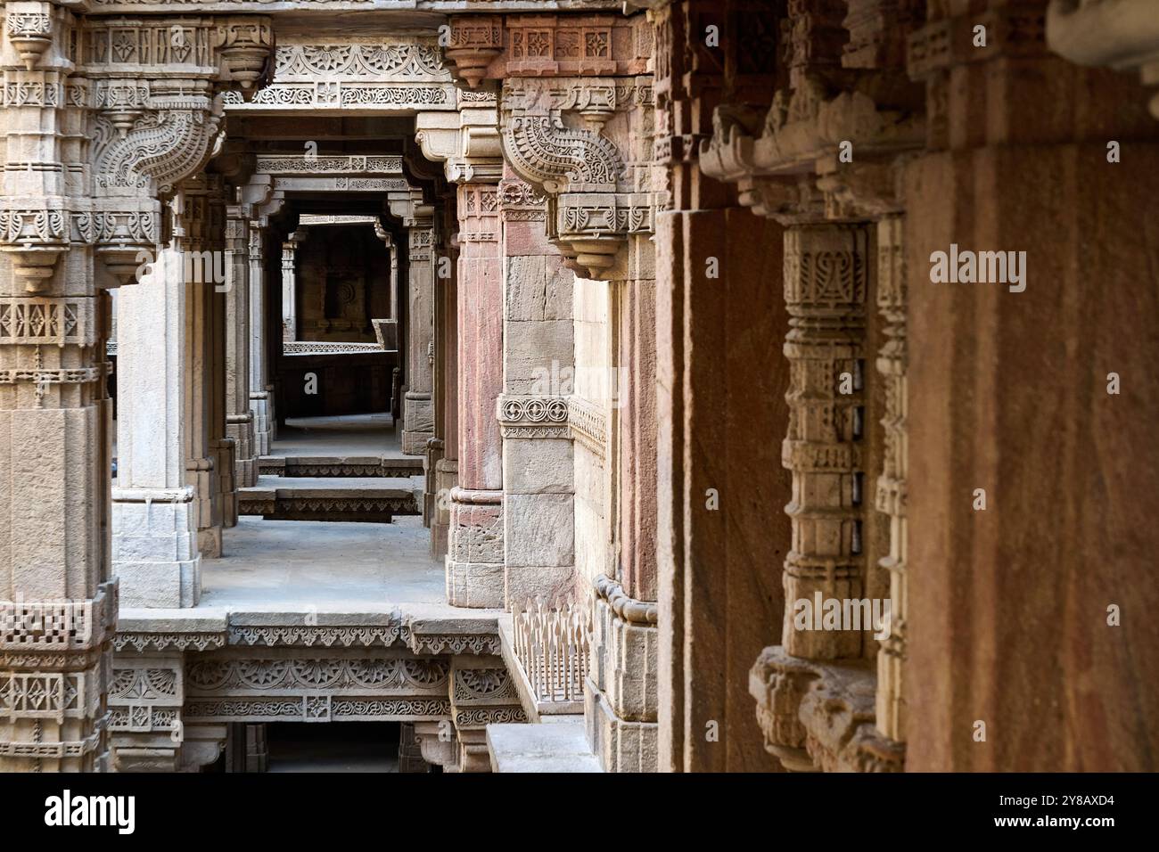 Nel mezzo dello storico gradino di Adalaj vicino ad Ahmedabad. Splendide decorazioni del patrimonio nazionale. Foto Stock