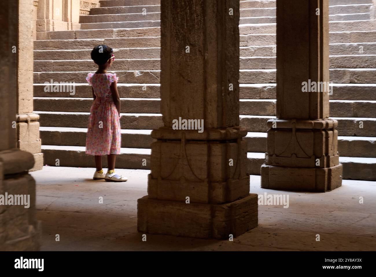 Una ragazza adolescente in tradizionale abbigliamento indiano rosa si erge sui gradini dello storico gradino di Adalaj in India Foto Stock