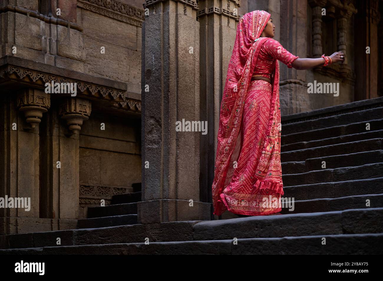 Donna indiana in tradizionale abito sari sui gradini dello storico gradino di Adalaj in India. Foto Stock