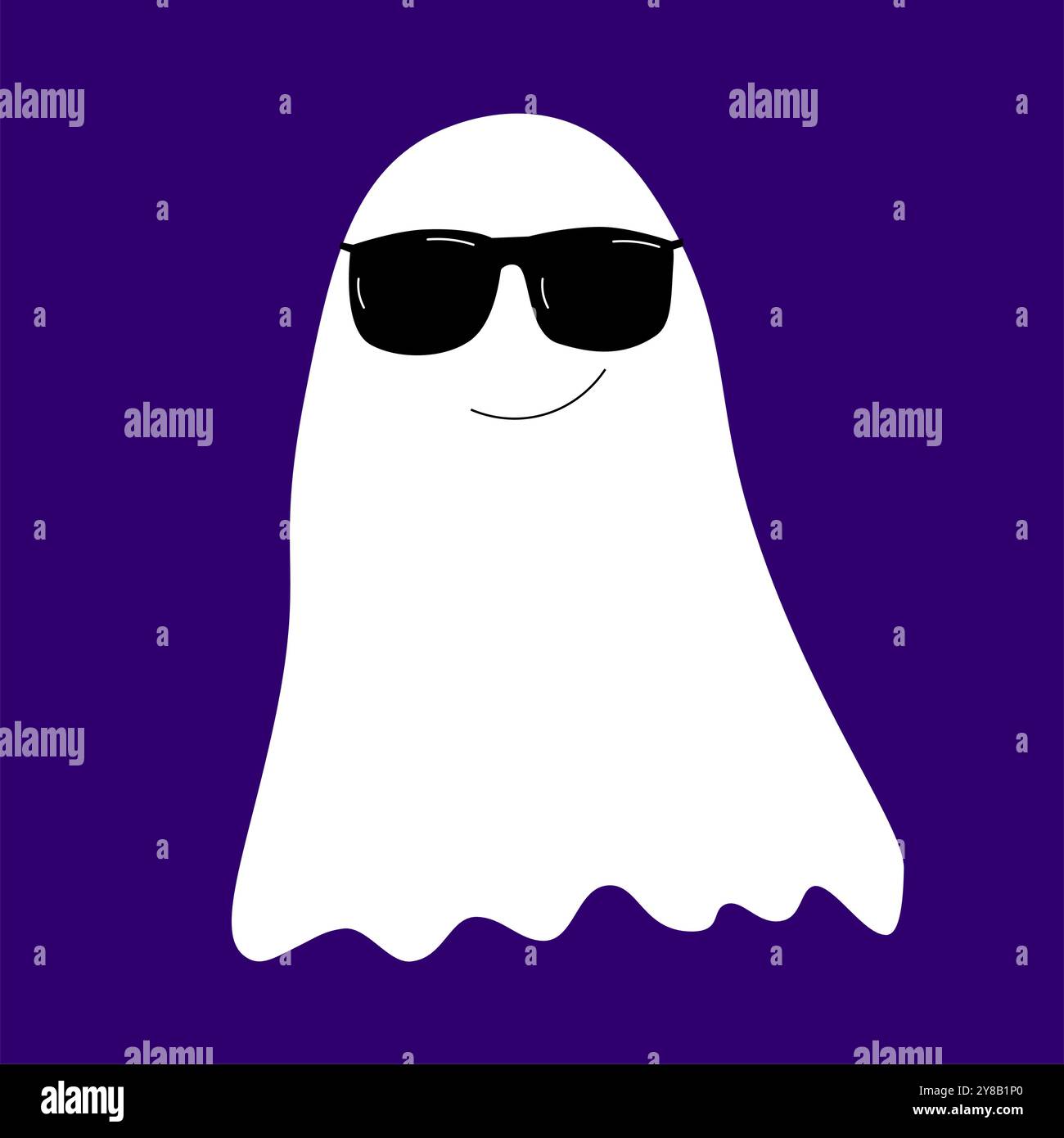 Illustrazione vettoriale Ghost halloween su sfondo viola nero con occhiali da sole sorriso divertente Illustrazione Vettoriale