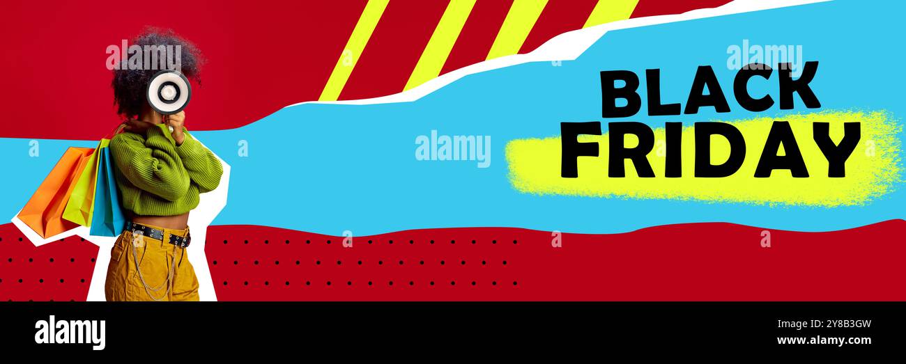 Banner. Collage d'arte contemporanea. Una donna elegante tiene in mano borse colorate mentre annuncia le offerte del Black Friday. Foto Stock