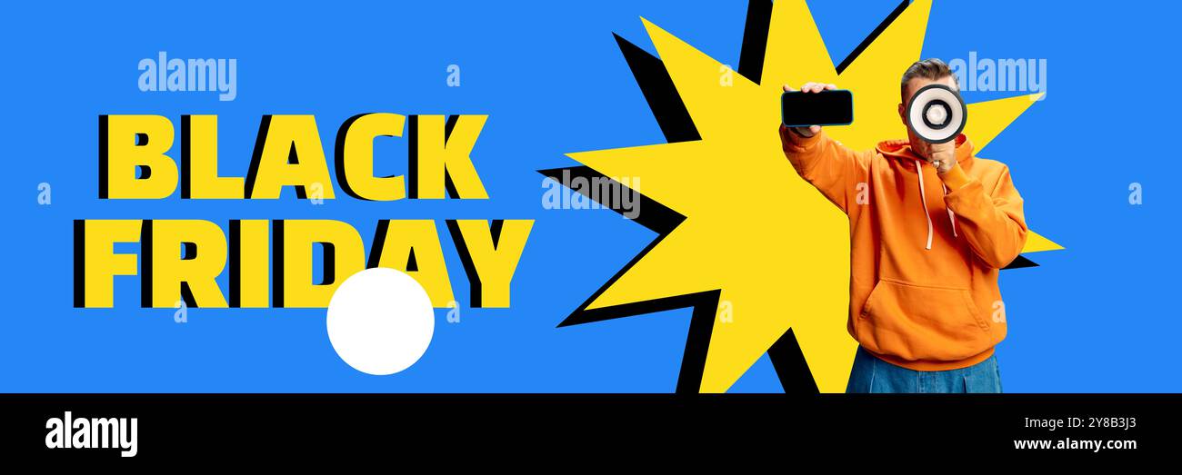 Banner. Collage d'arte contemporanea. Megafono pronto ad annunciare le offerte del Black Friday. Elegante, energico e perfetto per promuovere vendite e offerte speciali Foto Stock